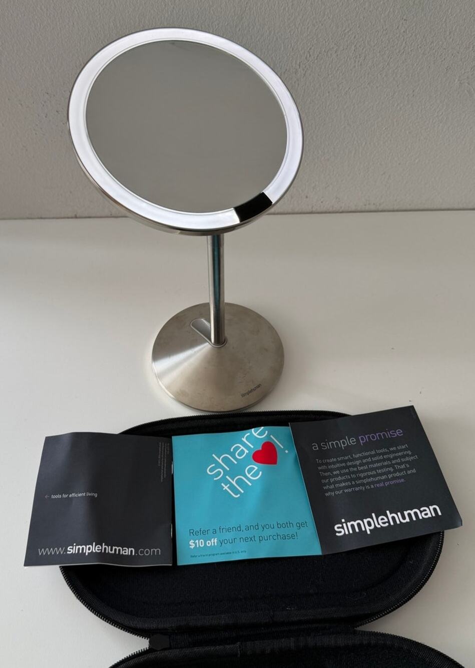 simplehuman ST3004 5" Round Mini Travel Sensor Makeup Mirror, 10x Magnification